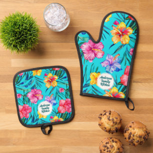 Levendig Tropisch Hibiscus bloemenpatroon Aqua Blu Ovenwant & Pannenlap Set
