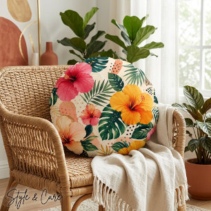Levendig Tropische Hibiscus Bloemige Naadloze Patr Rond Kussen
