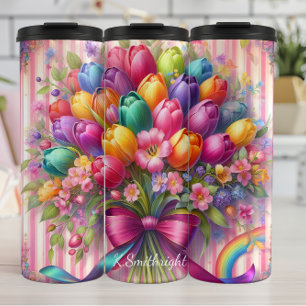 Levendig Tulip Boeket Regenboog Lint Thermosbeker