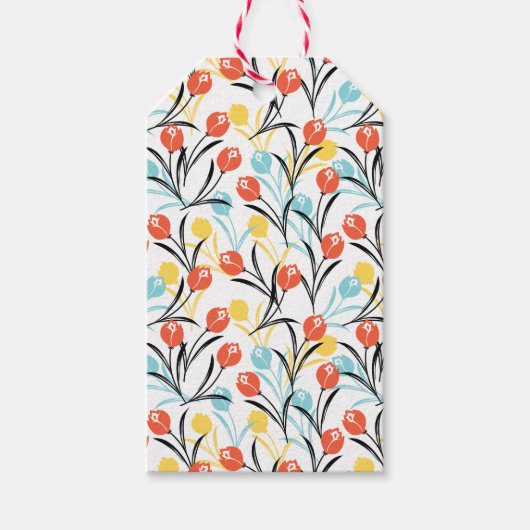 Levendig Tulp Patroon Bloemen Design op Wit Cadeaulabel (Voorkant)