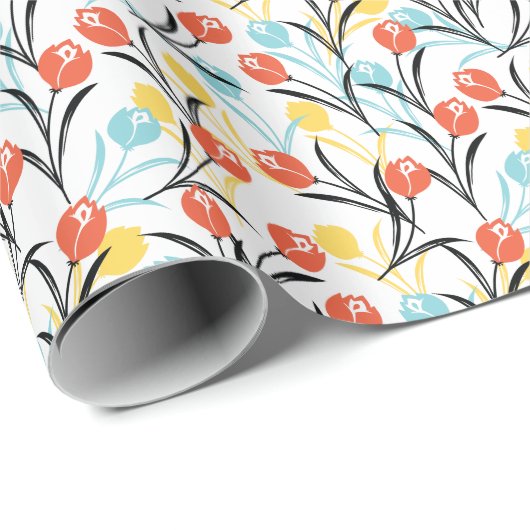 Levendig Tulp Patroon Bloemen Design op Wit Cadeaupapier (Rol Hoek)