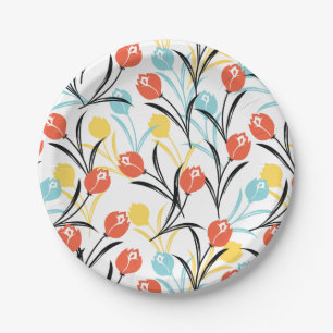 Levendig Tulp Patroon Bloemen Design op Wit Papieren Bordje