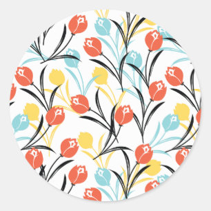 Levendig Tulp Patroon Bloemen Design op Wit Ronde Sticker
