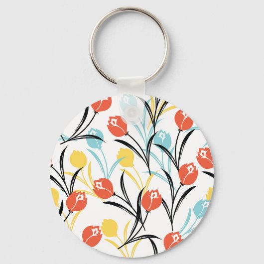 Levendig Tulp Patroon Bloemen Design op Wit Sleutelhanger (Voorkant)