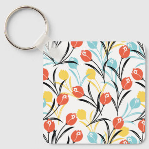 Levendig Tulp Patroon Bloemen Design op Wit Sleutelhanger