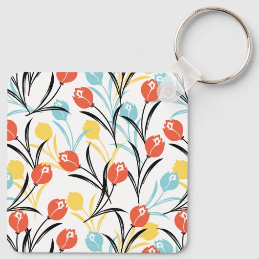 Levendig Tulp Patroon Bloemen Design op Wit Sleutelhanger (Achterkant)
