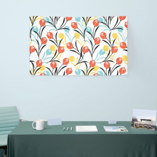 Levendig Tulp Patroon Bloemen Design op Wit Spandoek (Beurs)