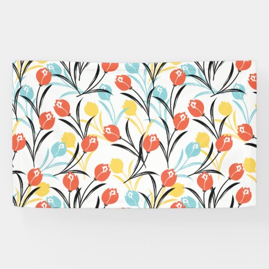 Levendig Tulp Patroon Bloemen Design op Wit Spandoek (Horizontaal)