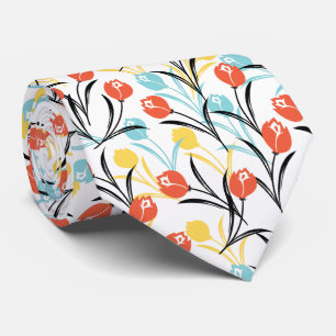 Levendig Tulp Patroon Bloemen Design op Wit Stropdas