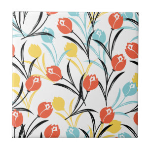 Levendig Tulp Patroon Bloemen Design op Wit Tegeltje