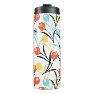 Levendig Tulp Patroon Bloemen Design op Wit Thermosbeker