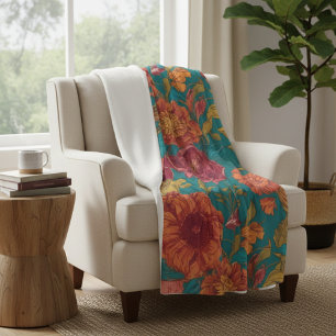 Levendig Turquoise en Oranje Bloemmotief Fleece Deken