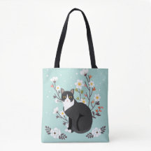 Levendig Tuxedo Cat in Flowers All-Over-Print Tas