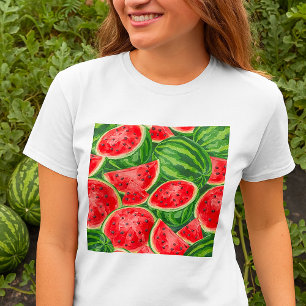 Levendig Zomer Watermeloen Schijfjes Patroon T-shirt