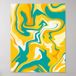 Levendige Abstracte golven in geel en turquoise Poster