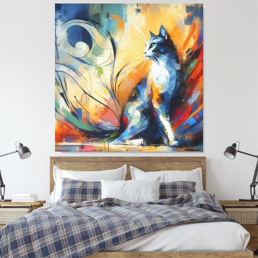 Levendige Abstracte Kat Canvas Kunst | Kleurrijk  (Insitu (Slaapkamer))