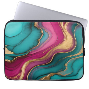 Levendige Alcohol Inkt Abstract Teal Magenta Goud Laptop Sleeve