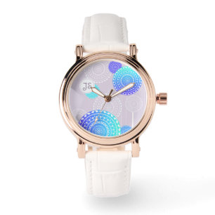 Levendige Aqua Blue Mandala op Roze Monogram Horloge