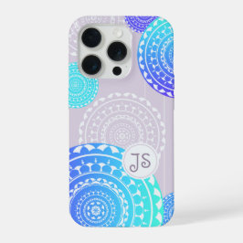Levendige Aqua Blue Random Mandala op Roze Monogra iPhone 15 Pro Hoesje