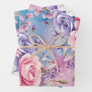 Levendige Aqua & Roze Waterverf Bloemen Boeketten Inpakpapier Vel