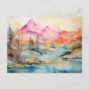 Levendige Aquarel Bergmeer Ansichtkaart Briefkaart