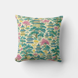 Levendige Aquarel Chinoiserie Gouden Pagode Patroo Kussen