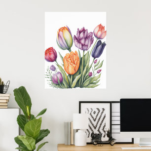 Levendige Aquarel Tulpenboeket Poster