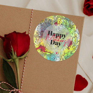 Levendige artistieke Waterverf en Ink Moederdag Ronde Sticker