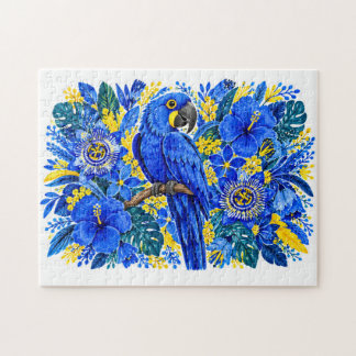 Levendige Blauwe Ara Tropische Bloemenaquarel Legpuzzel