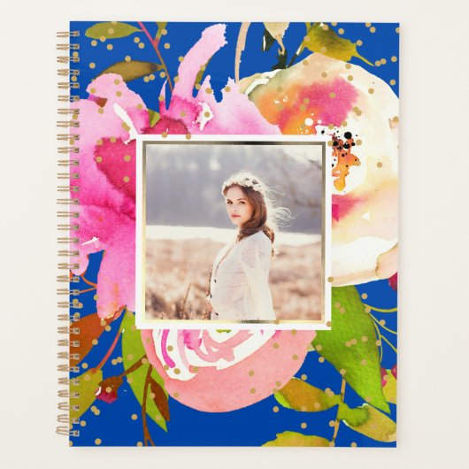 Levendige Blauwe Bloemen en Confetti Foto Planner (Voorkant)