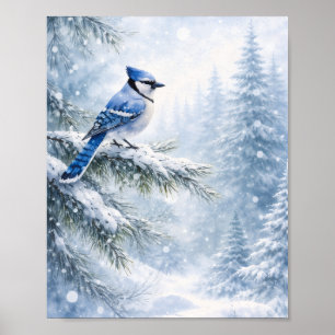 "Levendige Blauwe Gaai in Winterse Sneeuw Aquarel Poster