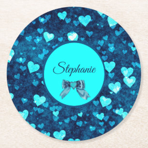 Levendige blauwe harten ronde kartonnen onderzetter