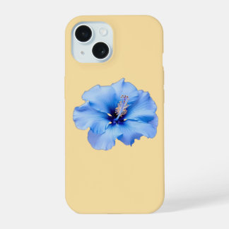 Levendige Blauwe Hibiscus Tropische Bloem op Geel iPhone 15 Hoesje