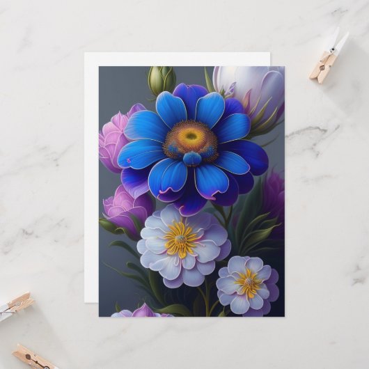 Levendige Blauwe, Paarse Fantasy Tuinbloemen Kaart (Voorkant / Achterkant in situ)