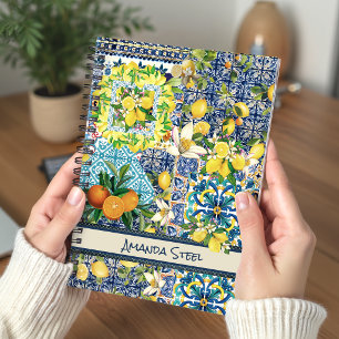 Levendige Blauwe Siciliaanse Citrus Tegels Bloem Notitieboek