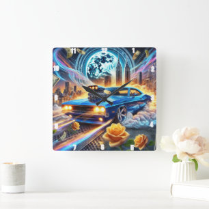 Levendige blauwe spier auto met stad achtergrond vierkante klok