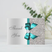 Levendige Blauwgroen Bow Silver Diamonds Dank u we Bedankkaart (Staand voorkant)