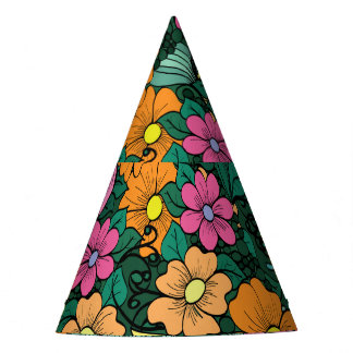 Levendige bloemen: groene achtergrond . feesthoedjes