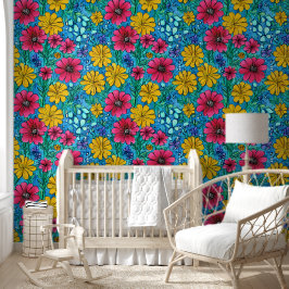 Levendige bloemen Roze Geel Blauw Mooi patroon Behang