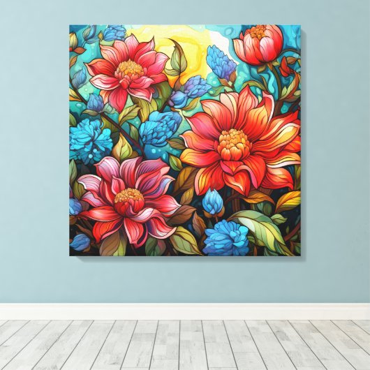 Levendige bloemen stretched canvas print (Insitu (Houten vloer))