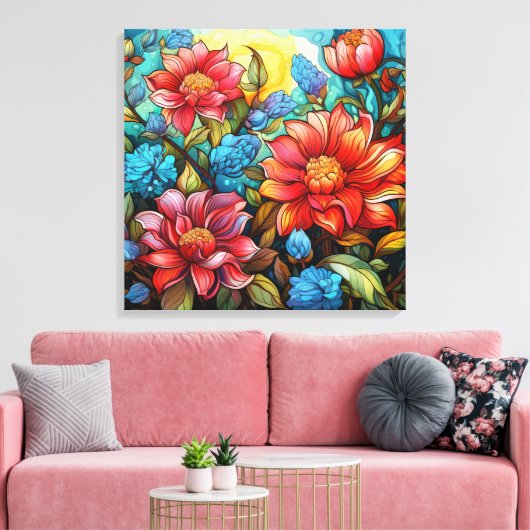 Levendige bloemen stretched canvas print (Insitu (Woonkamer))