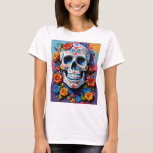 Levendige Bloemen Suiker Schedel Art T-Shirt voor 