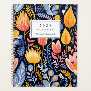 Levendige bloemenschildering blauwe monogram 2024 planner