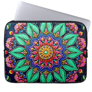 Levendige Bloemige Mandala Kunst Laptop Sleeve