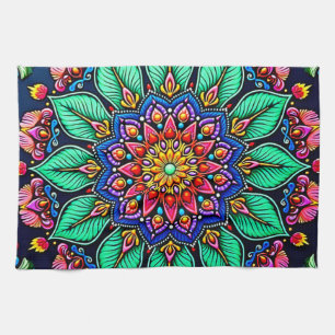 Levendige bloemschildering Mandala Kunst Theedoek