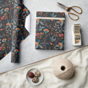 Levendige Boheemse Bloemen en Bladpatroon op Zwart Cadeaupapier
