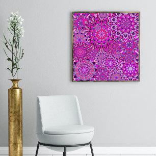 Levendige Boho Chic Roze Paarse Bloemen Mandala's Poster