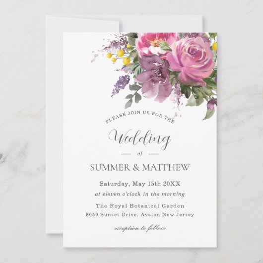 Levendige Boho Magenta Roze Paarse bloemenbruiloft Kaart (Voorkant)