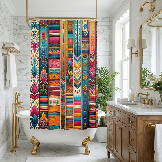 Levendige Boho Stripes: Eclectische Textielkunst Douchegordijn