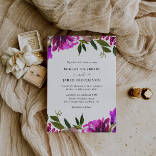 Levendige Bold Bright Paarse Floral Modern Wedding Kaart